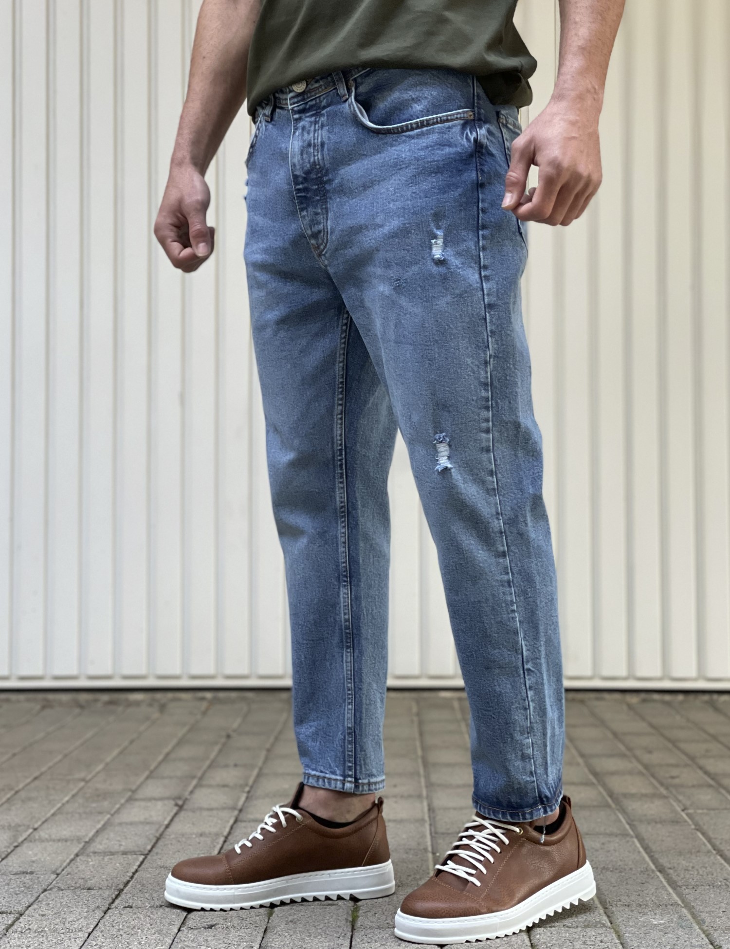 Ανδρικό μπλε με φθορές σταθερό Loose Jean πεντάτσεπο με κουμπιά JR8002 φωτογραφία